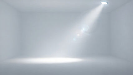 Dramatic spotlight illumination in a pristine white room, casting a focused beam onto the empty floor, perfect for showcasing new ideas, products, or a clean stage