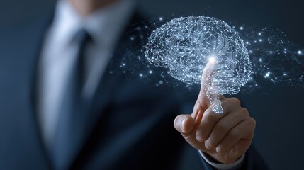 Conceptualizing Mind and Technology: A sophisticated executive interacts with a glowing, digital representation of a human brain, symbolizing the fusion of intellect and modern innovation.