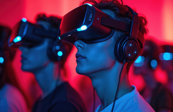 People wear VR headsets and headphones. Friends experience virtual reality together. They enjoy immersive digital entertainment and interactive games in a futuristic setting with neon lights.