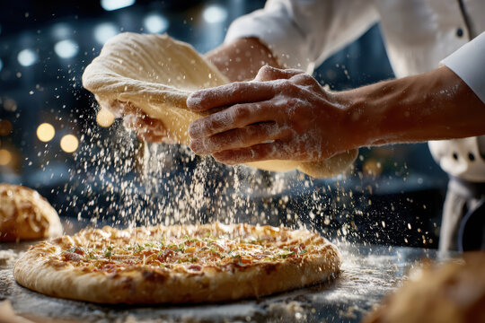 Skilled chef prepares fresh pizza dough in a bustling kitchen during evening hours - Powered by Adobe