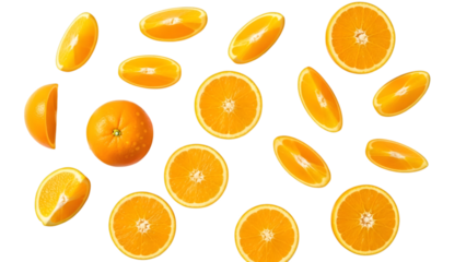 Fresh orange slices floating on a black background