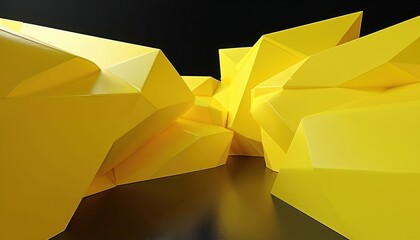 Bright yellow geometric abstract shapes create modern background. Polygonal forms rise from reflective black floor against dark backdrop. Dynamic design suggests tech innovation, future concepts,