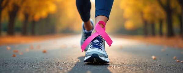 Woman runs on road with pink ribbon on ankle. Outdoor exercise during autumn morning sunlight. Focus on leg and shoe with ribbon symbolizing breast cancer awareness and healthy lifestyle.