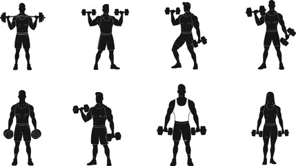 Dumbbell workout silhouette set, strength training poses, fitness motion icons, vector bundle, graphic bodybuilding exercise design pack