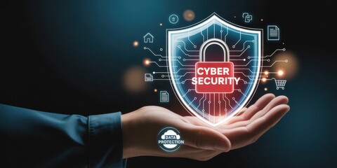 Cyber Security Protection: A hand tenderly cradles a digital shield emblazoned with Cyber Security, symbolizing protection in the digital realm.