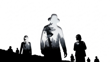 Mysterious figures with double exposure forest fill contemplate dark journey ahead