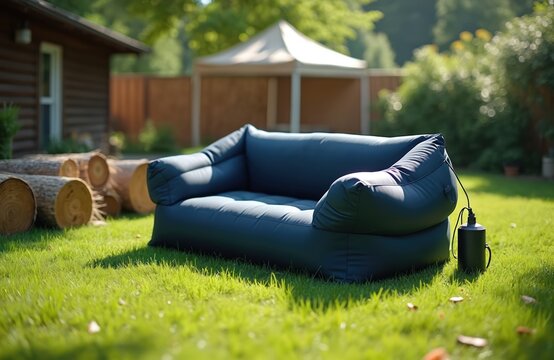 Dark blue inflatable sofa sits on green grass beside log pile. Outdoor pump inflates couch for backyard leisure. Tent structure and cabin visible in distance.