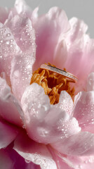Elegant diamond ring resting inside pink peony flower with morning dew - luxury romance, bridal elegance and timeless love