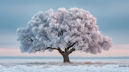 Winter landscape with a frosted tree standing in a snowy field