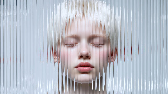 Albino Female model with short hair is gracefully positioned behind translucent strips, creating a dreamy atmosphere that reflects the Cloud Dancer color of the year 2026