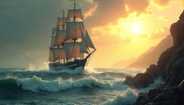 Old three mast sailboat navigates rough seas near rocky coast. Sun sets casting warm light on waves and cliffs. Nautical adventure and exploration voyage. - Powered by Adobe