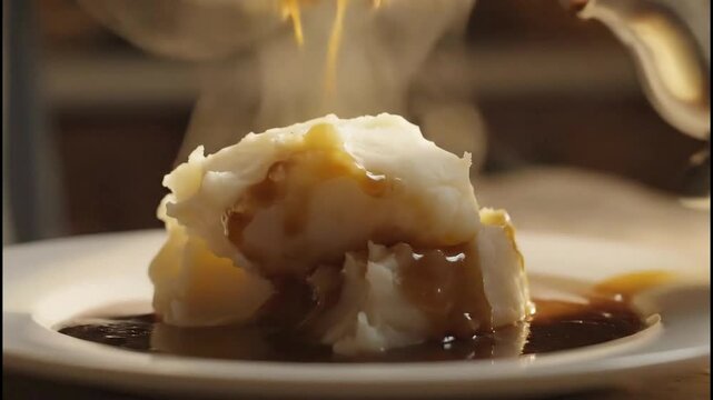 Steaming mashed potatoes with gravy being served on a white plate in a cozy kitchen setting