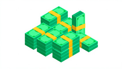 Fototapeta premium Green Banknotes Stacks Isometric Style: Finance, Business, Investment, Wealth Accumulation
