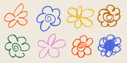 Fototapeta premium Hippie Flowers Crayon Chalk Drawing Doodle Vector Set