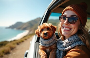 Young woman and fluffy dog enjoy car ride on coastal road. Pup looks out window, woman smiles wearing sunglasses and beanie. Couple travels on sunny day.