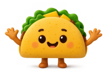 Cute happy taco cartoon character smiling and waving, celebrating mexican food and cuisine