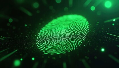Digital fingerprint on dark background. Glowing green fingerprint graphic in cyber space with bokeh effect. Tech concept of security and identification. Biometric authentication and data protection.