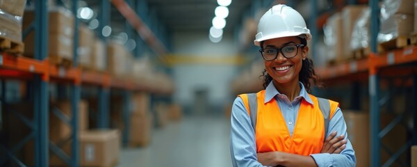 Smiling Black woman safety expert wears hard hat and vest in warehouse. She oversees logistics operations and ensures workplace safety protocols are met, maintaining order.