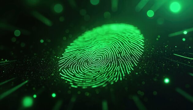 Digital fingerprint on dark background. Glowing green fingerprint graphic in cyber space with bokeh effect. Tech concept of security and identification. Biometric authentication and data protection.