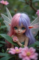 Naklejka premium Art photo features fairy with pink purple hair large blue eyes in flower garden. Fairy holds pink flower. Fairytale fantasy portrait with wings in nature.