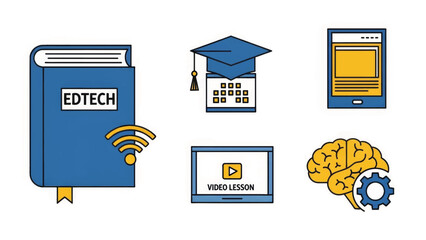 EdTech icon set for e-learning and digital education. Simple flat design vector illustration of modern learning symbols