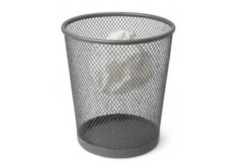 Metal mesh wastebasket containing crumpled paper, representing discard, failure, and creative block with transparent background