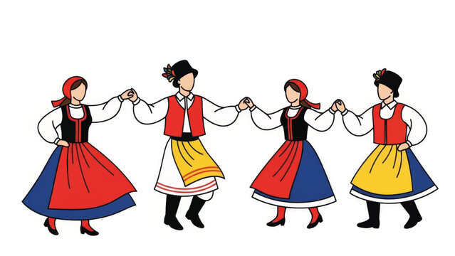 People in traditional costumes performing a folk dance. Flat vector illustration of dancers holding hands. European folklore and cultural festival concept