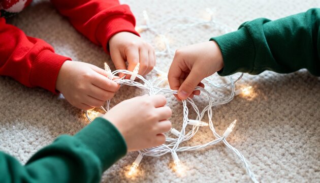 Children's hands untangling a string of Christmas lights. Kids in red and green sweaters preparing for the holidays. Festive family activity and teamwork concept - Powered by Adobe