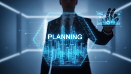 Business man interacting with digital planning technology and city hologram