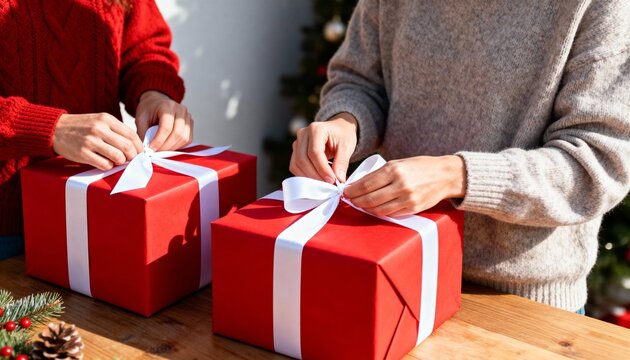 Two people wrapping red Christmas gifts with white ribbons. Close-up of hands tying bows on presents at a wooden table. Holiday season preparation and celebration - Powered by Adobe