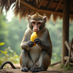 Rhesus monkey sits on ground eating yellow banana. Small primate with brown fur holds fruit, looks at camera. Animal rests near jungle foliage under thatched roof structure.