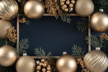 christmas background with golden balls Merry Christmas and Happy Holidays greeting card, frame, banner. New Year. Noel. Red and white Christmas decorations and g top view. Winter xmas holiday celebrat