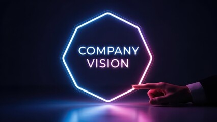 Conceptual company vision strategy represented with neon sign and hand