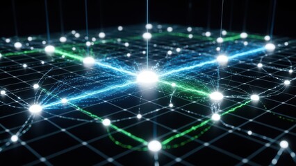 Connected network nodes with blue and green vibrant lines