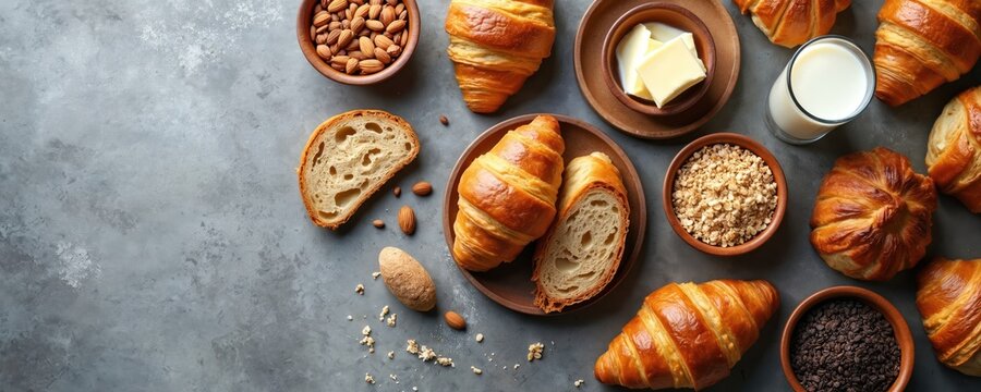 Overhead photo featuring various breakfast items. Includes croissants bread butter nuts chocolate cereals and milk in a stylish setting. Food arrangement is ideal for a cafe. - Powered by Adobe