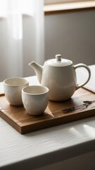 Fototapeta premium Cozy morning tea time with ceramic teapot and cups on wooden tray