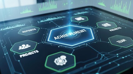 Digital display showing achievement reports projects team connection concept