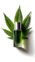 Glass cosmetic bottle with green serum and cannabis leaf on white background - organic skincare, natural ingredients and wellness beauty