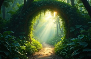 Misty jungle pathway with rich green foliage, trees leads to archway. Sunlight filters through leaves creating serene atmosphere in tropical rainforest. Natural environment with vibrant vegetation,
