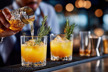 Bartender prepares refreshing cocktails with garnish at lively bar in the evening