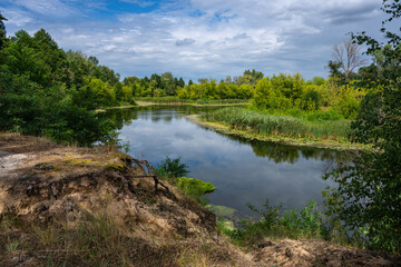 steep sandy cliff with lush greenery above a bend in the river