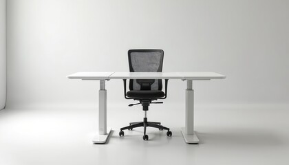 Clean photo of office workstation with modern height adjustable desk and black ergonomic chair. White background with bright light provides minimal design for product.