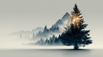 Minimalist image of a single pine tree with foggy mountains and forest in the background. Ideal for blogs and websites about nature, travel, wilderness, or tranquility