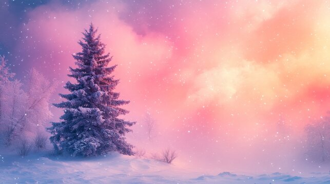 Magical winter scene featuring a frosted pine tree under a pink and orange cloudy sky with falling snow. Ideal for holiday, Christmas, fantasy, and seasonal marketing or blogs about dreamlike nature.