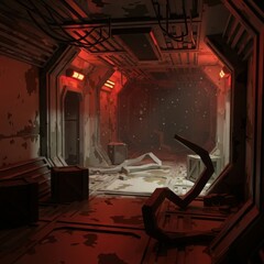 Dystopian Sci-Fi Corridor with Ominous Red Lighting and Debris - Abandoned Industrial Interior