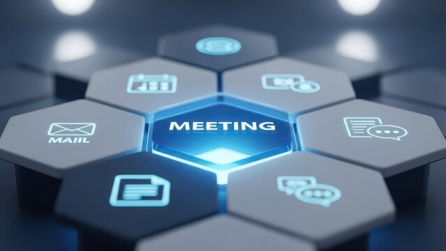 Illuminated meeting button with associated icons network concept