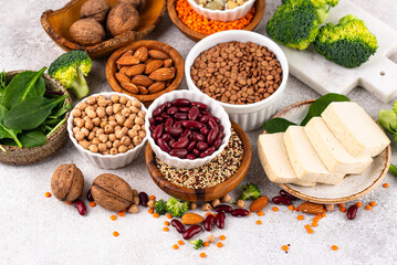 Asortment of plant based vegan protein products