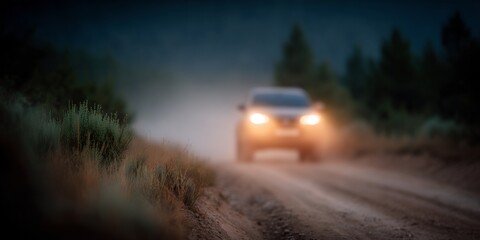 Blurry image of a car driving down a dirt road at night