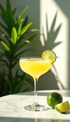 Fototapeta premium Yellow cocktail with lime wedge in coupe glass. Fresh limes sit on marble surface. Green plant in background, light shadow play. Refreshing drink for party or bar.