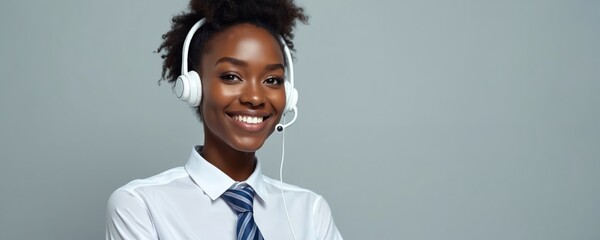 Young Black woman wears headset and smiles professionally in a call center role. She provides customer support with a friendly demeanor. Her job involves communication and problem solving for clients.